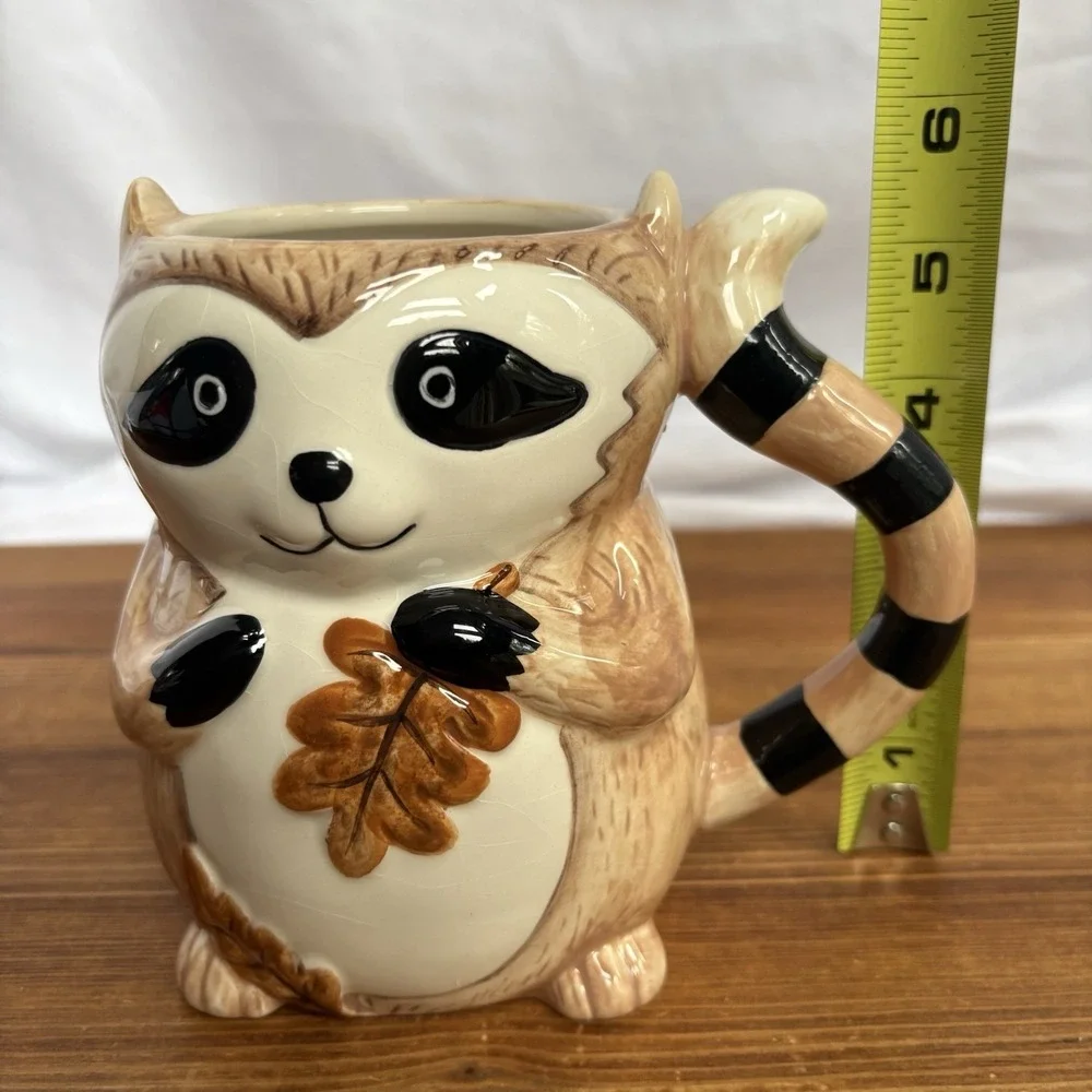Pier 1 Raccoon Mug Hand Painted Dolomite Autumn Leaves Woodland Coffee Cup Cute